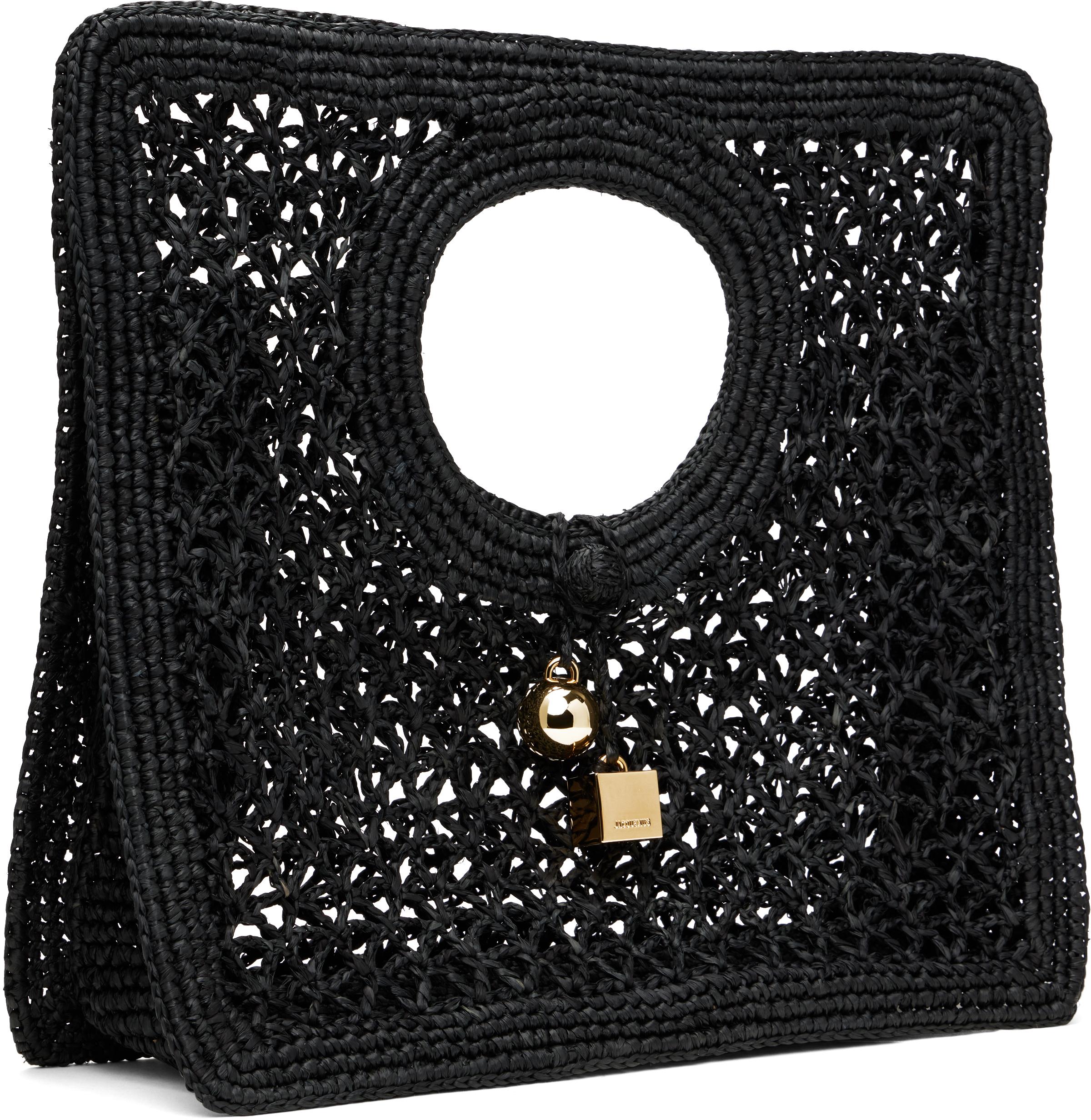 JACQUEMUS Carre Spiaggia Embellished Braided Raffia Tote In Black Product Image