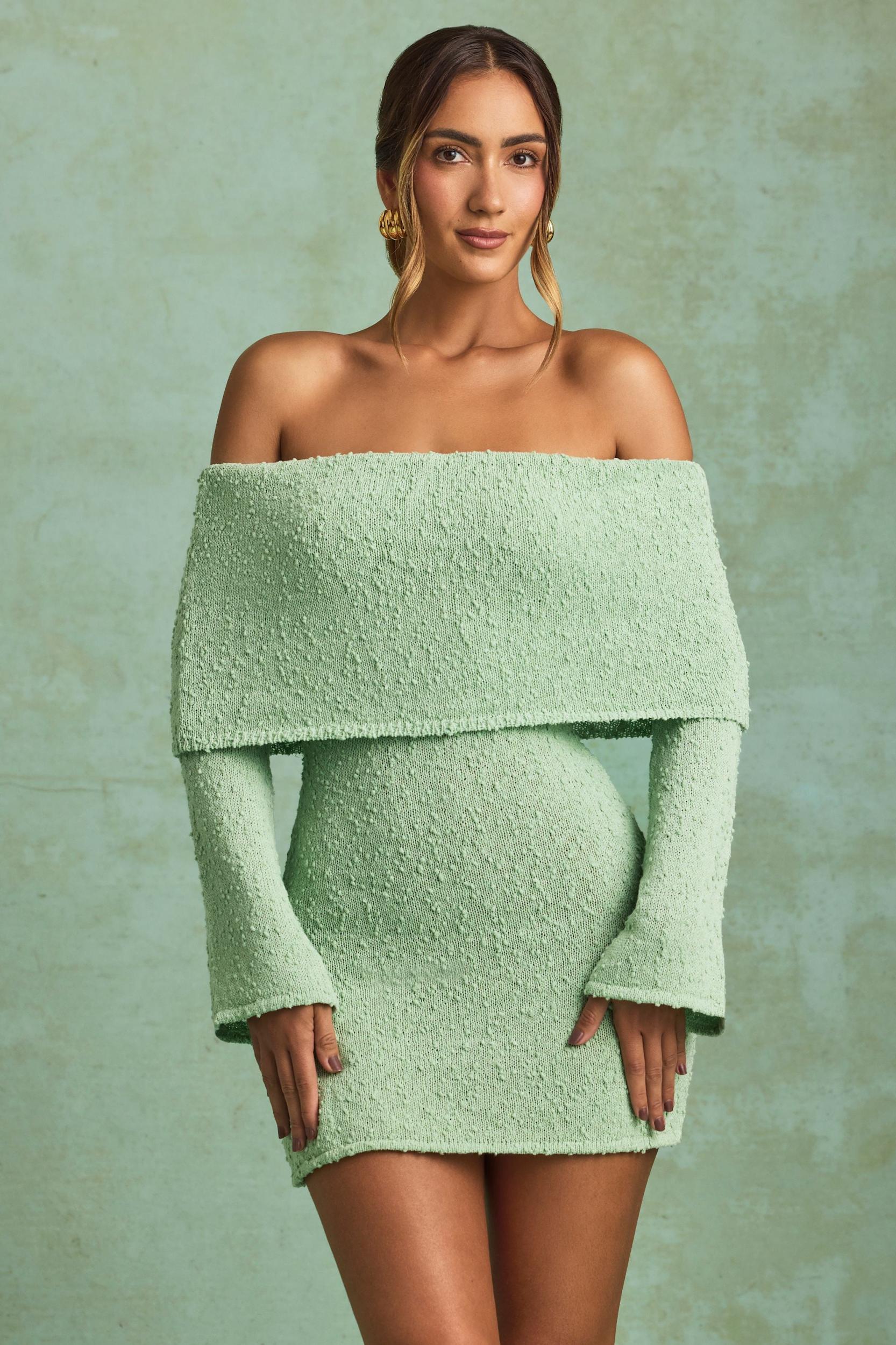 Bouclé Off-Shoulder Mini Dress in Mint Product Image
