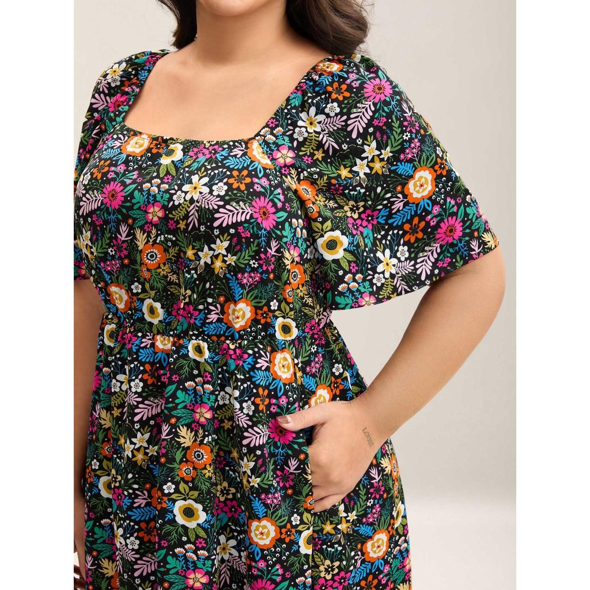 Plus Size Bold Floral Print Pockets Midi Dress Black Women Timeless Square Neck Short sleeve Curvy BloomChic 14-16/1X Product Image