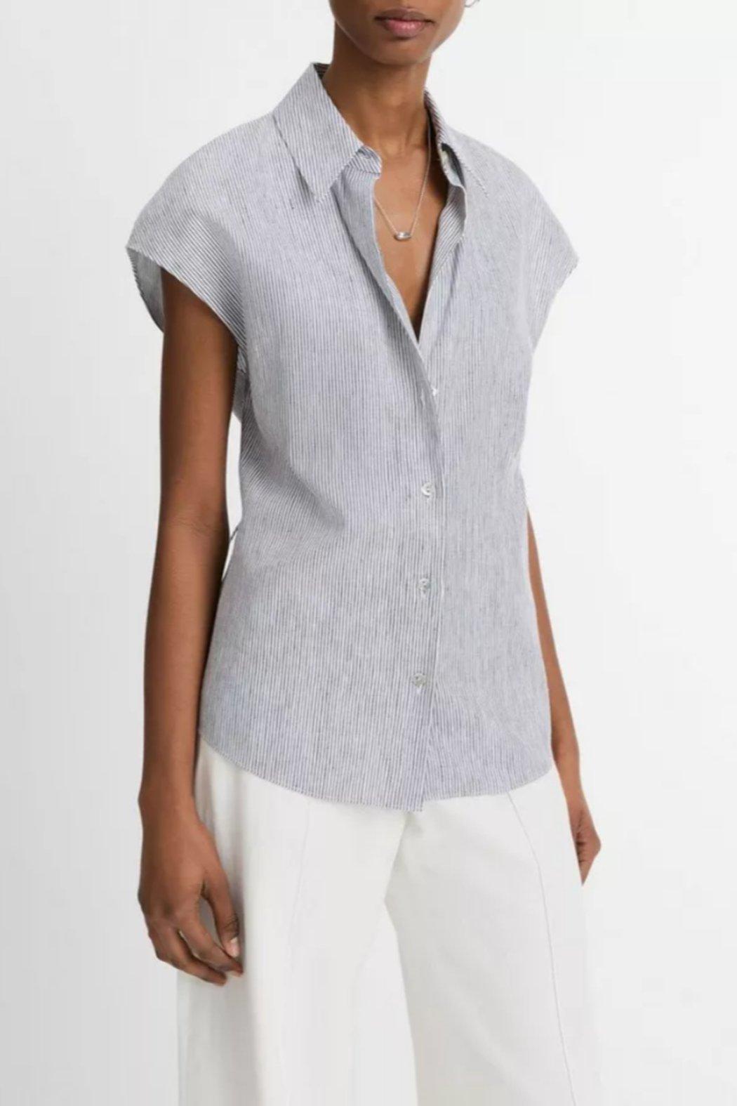 Ticking Stripe Cotton-Linen Cap Sleeve Blouse Product Image