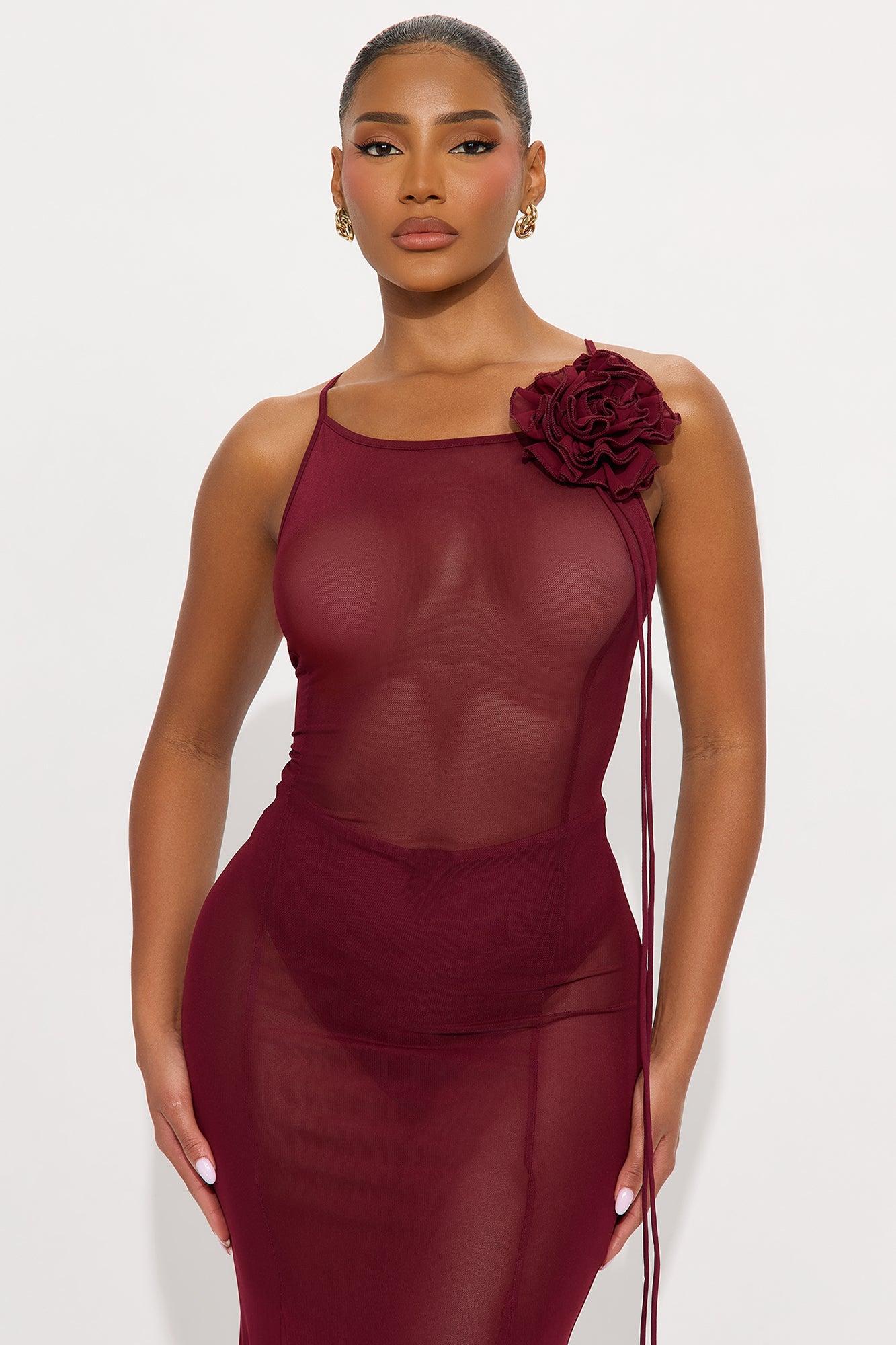Sheer Goddess Mesh Maxi Dress - Burgundy Female Product Image