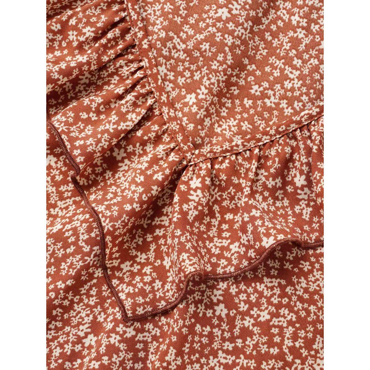 Plus Size Rust Ditsy Floral Ruffle Trim Shirred Blouse Women Elegant Long Sleeve V-neck Everyday Blouses BloomChic 12/L Product Image