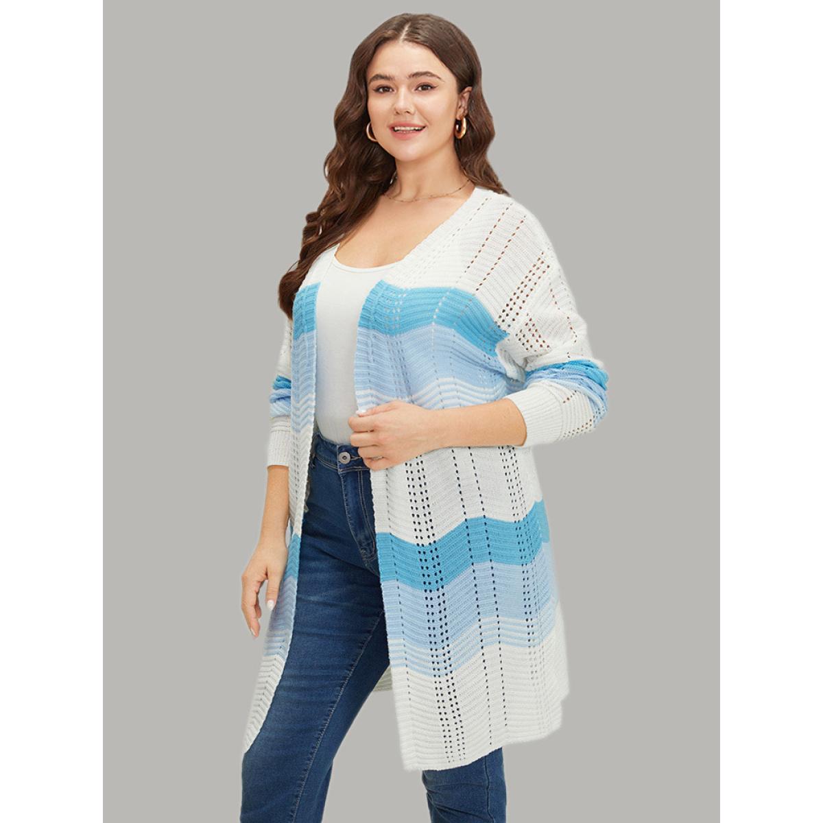Plus Size Ombre Geo Eyelet Tunic Open Front Elastic Cuffs Cardigan Blue Women Casual Loose Long Sleeve Dailywear Cardigans BloomChic 14-16/1X Product Image