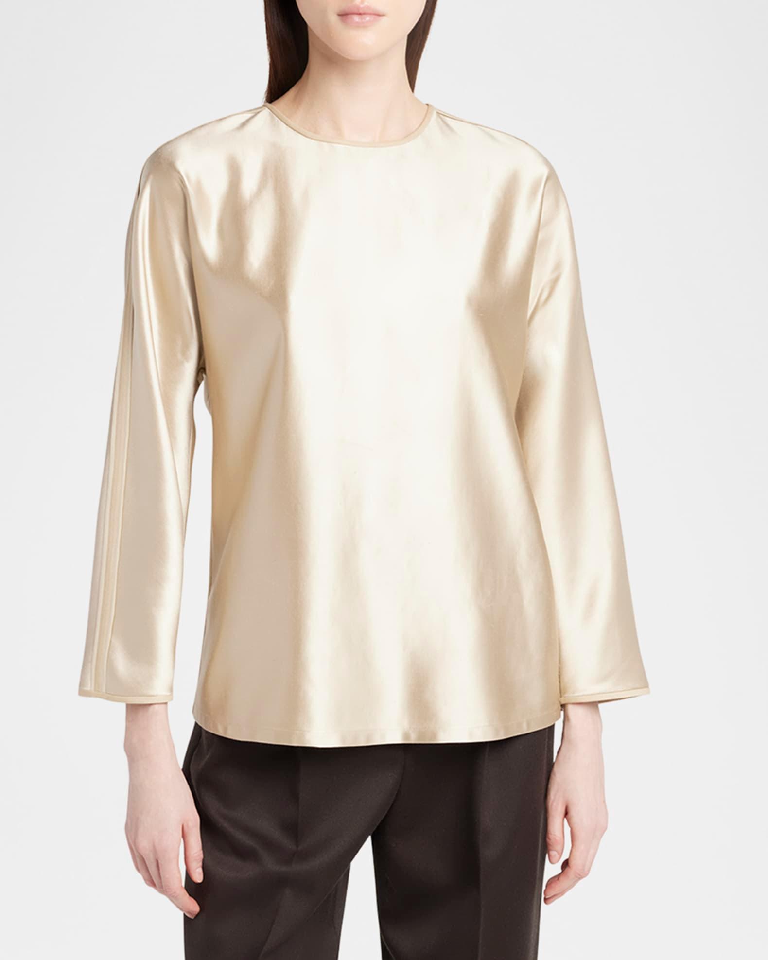 Tonal Piping Long-Sleeve Silk Blouse Product Image