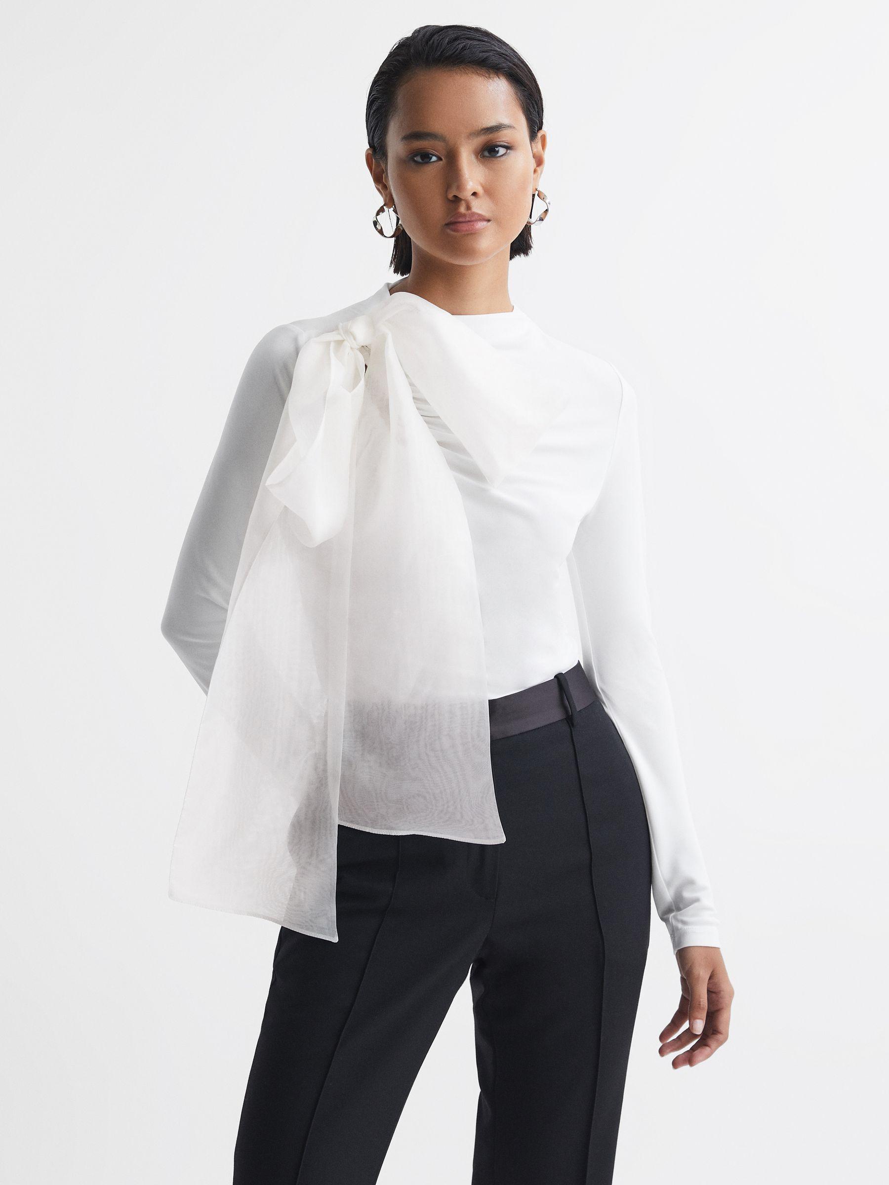 Long Sleeve Bow T-Shirt in White Product Image