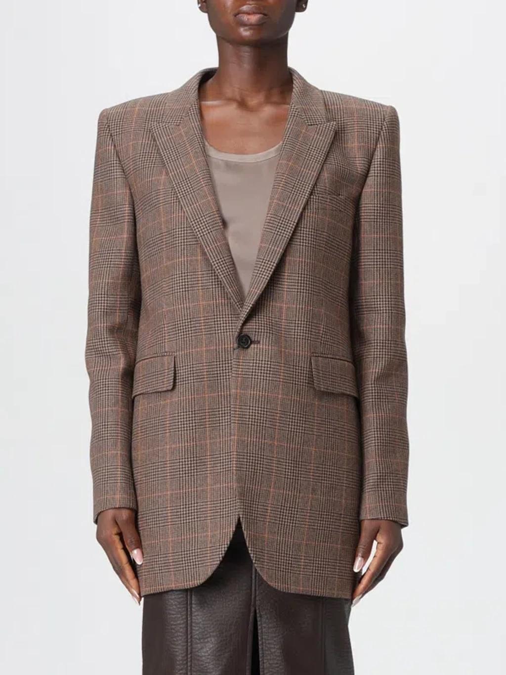 SAINT LAURENT Single-breasted Slim Houndstooth Plaid Blazer In Brown Product Image
