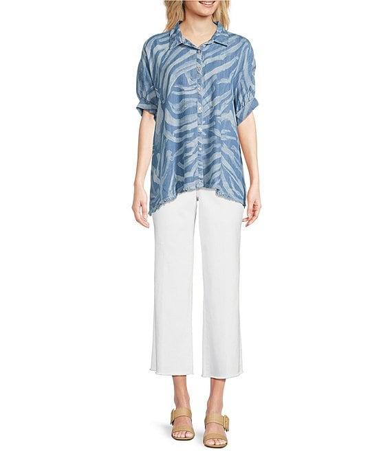 Tru Luxe Jeans Chambray Point Collar Elbow Sleeve Button Front Shirt Product Image