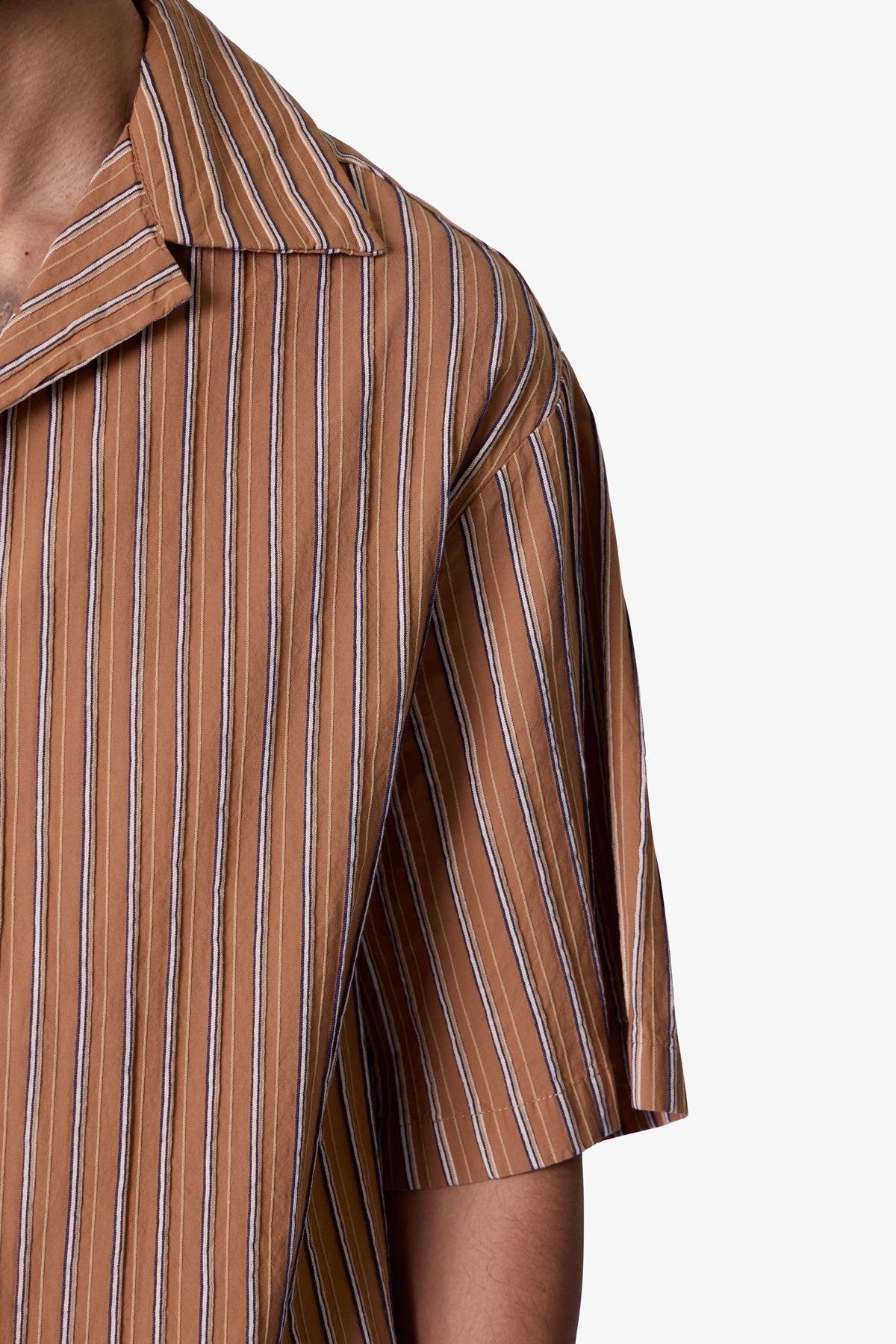 Striped Woven Cropped Shirt - Brown Product Image