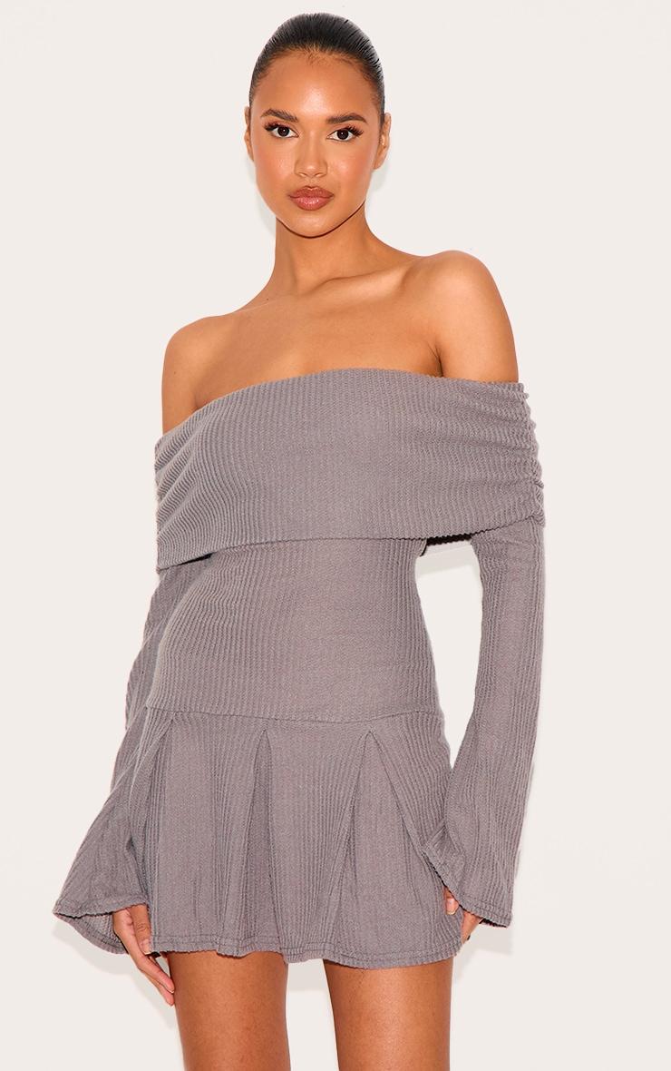 Charcoal Waffle Textured Bardot Pleated Shift Dress Product Image