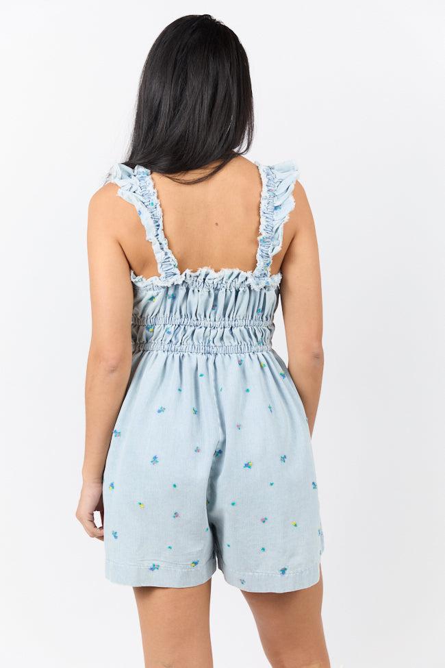 Big Sky Light Wash Denim Embroidered Romper FINAL SALE Product Image
