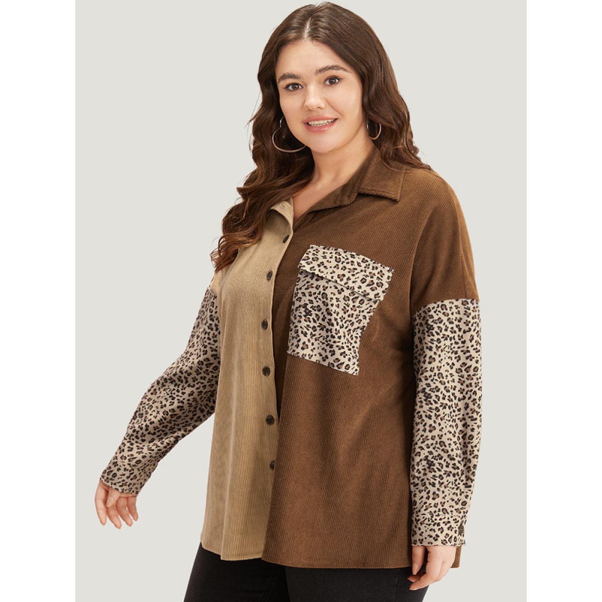 Plus Size Leopard Patchwork Pocket Contrast Button Through Coat Women DarkBrown Texture Pocket Dailywear Jackets BloomChic 12/L Product Image