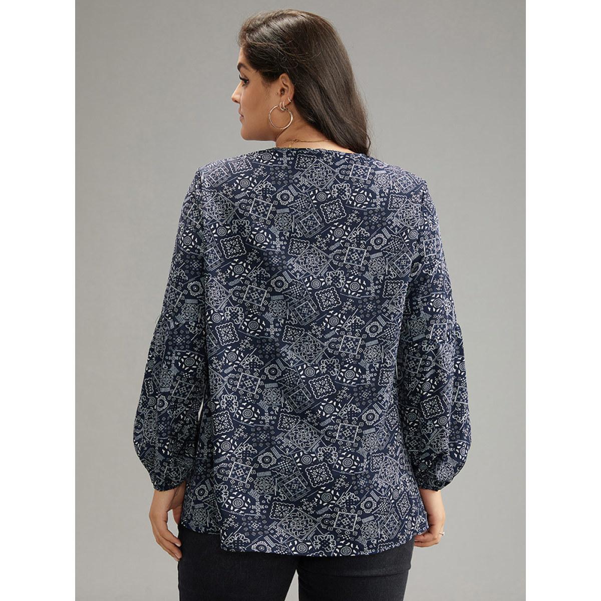 Plus Size Indigo Bandana Lace Insert Lantern Sleeve Blouse Women Resort Long Sleeve V-neck Vacation Blouses BloomChic 10/M Product Image