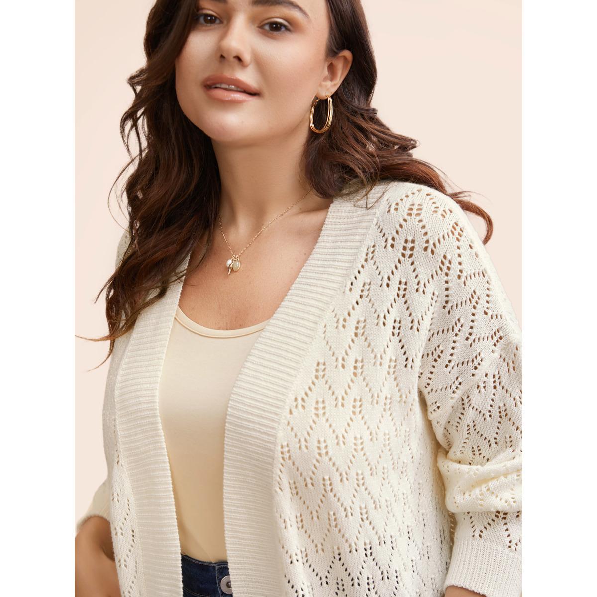 Plus Size Kimono Collar Patch Pocket Pointelle Knit Cardigan Beige Women Leisure Loose Long Sleeve Casual Cardigans BloomChic 28/5X Product Image