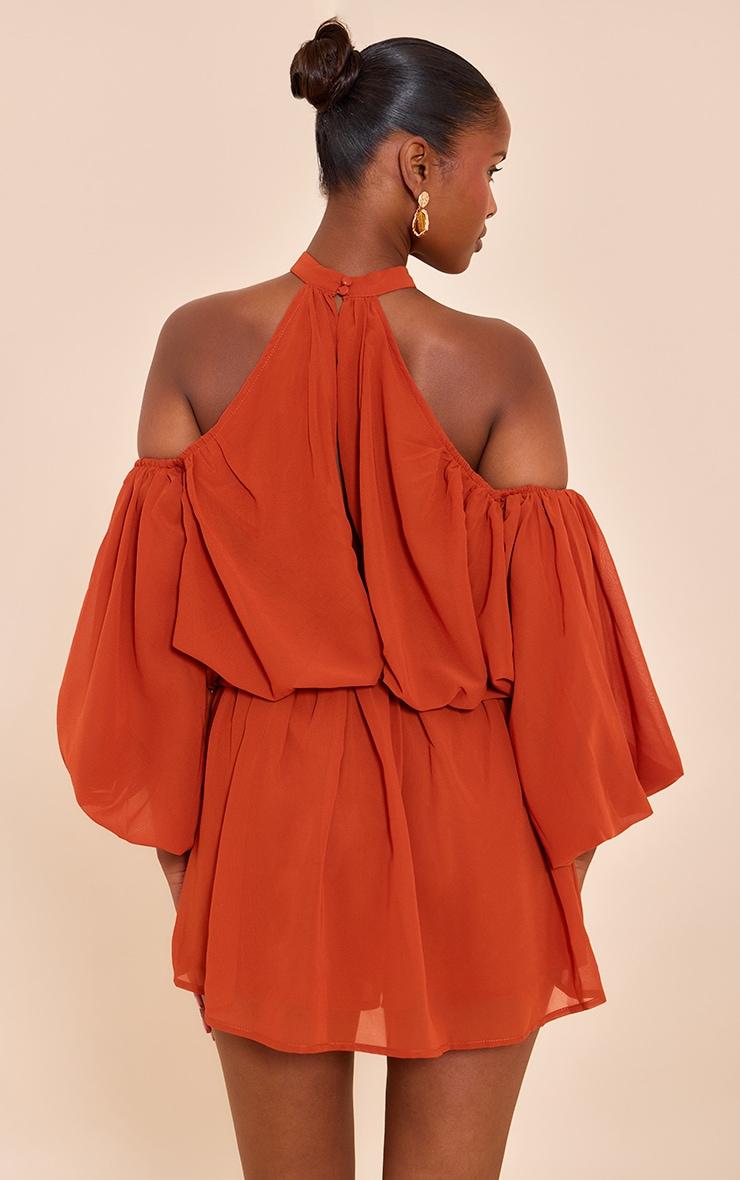 Rust Chiffon Ruffle Off Shoulder Romper Product Image