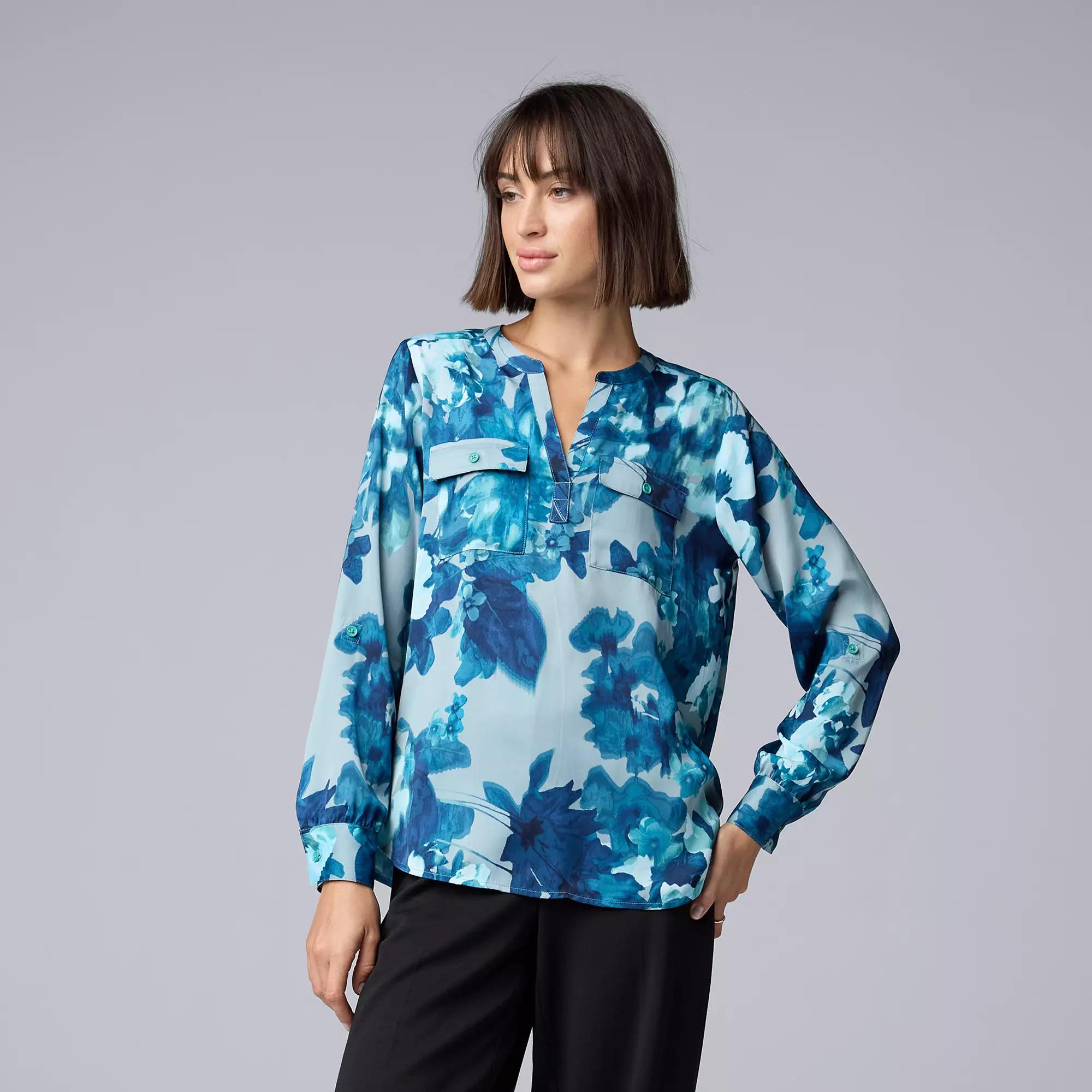 Women's Simply Vera Vera Wang Roll-Tab Popover Blouse, Size: XS, Black Water Floral Product Image