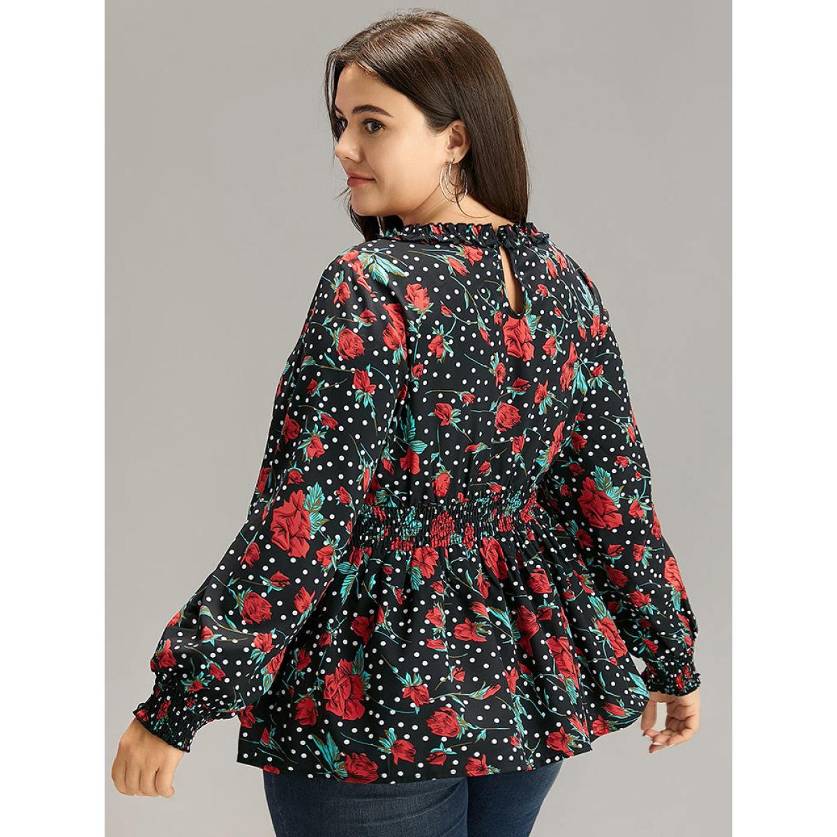 Plus Size BlackFlower Rose Print Shirred Frill Trim Lantern Sleeve Blouse Women Elegant Long Sleeve Round Neck Dailywear Blouses BloomChic 10/M Product Image