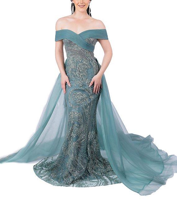 Terani Couture Beaded Off-the-Shoulder Chiffon Overlay Mermaid Gown Product Image