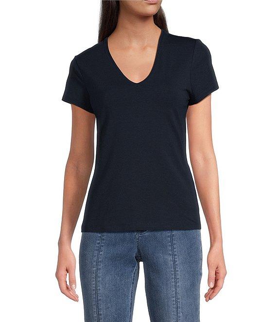 J.McLaughlin Terrine Cotton Blend Stretch V-Neck Short Sleeve Tee Shirt Product Image