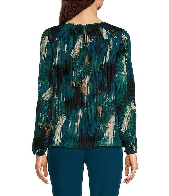 Calvin Klein Printed Crew Neck Long Sleeve Chiffon Micro Accordion Pleated Top Product Image