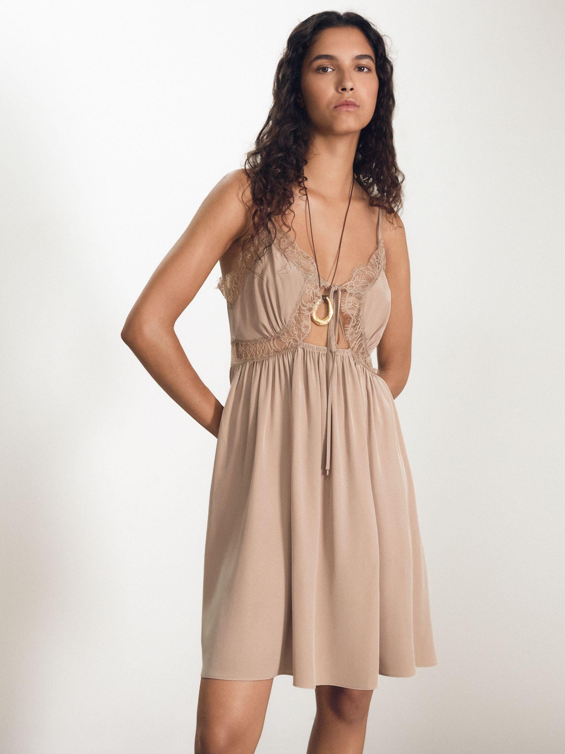 Atelier Silk Lace-Trim Babydoll Dress in Taupe Product Image