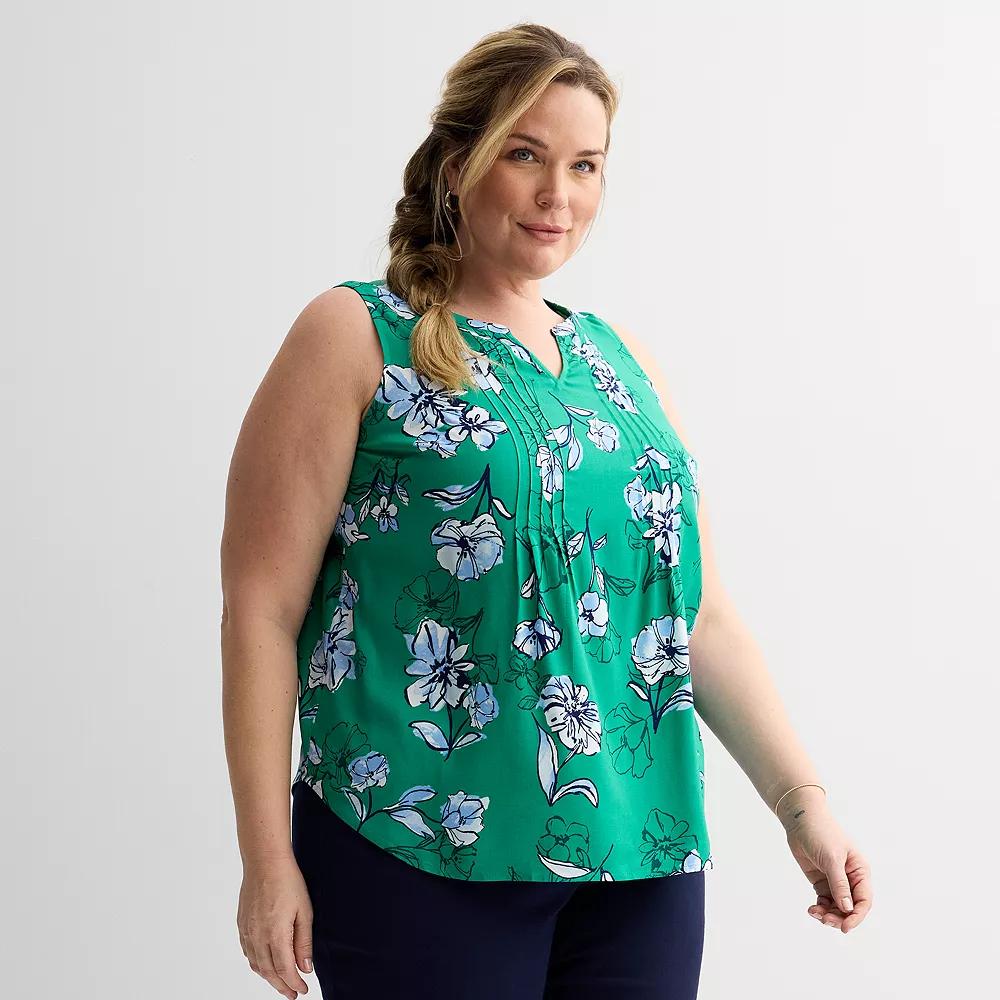 Plus Size Croft & Barrow® Pintuck Sleeveless Shell Top, Women's, Size: 1XL, Green Navy Floral Product Image