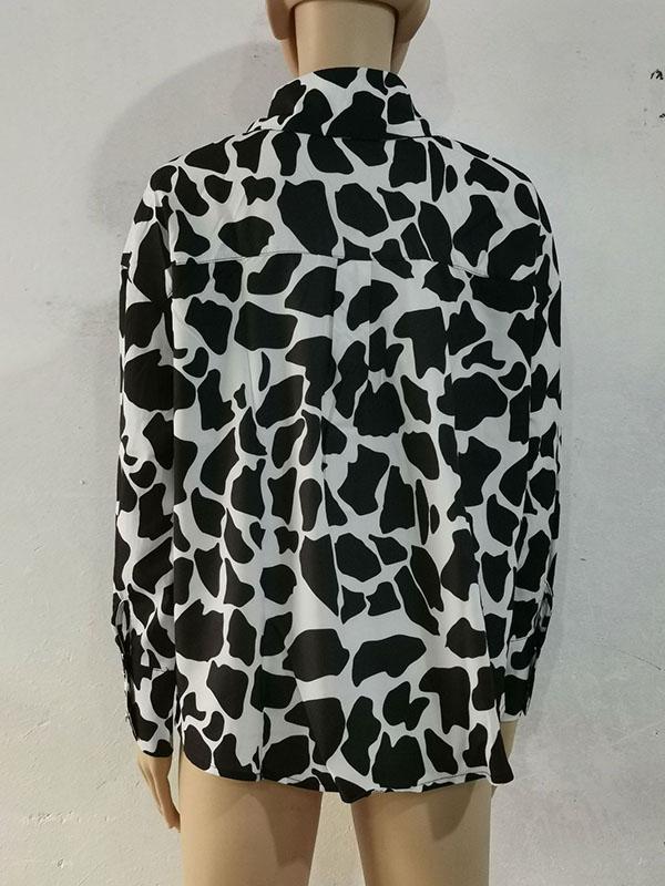 Long Sleeves Loose Contrast Color Printed Lapel Blouses Product Image