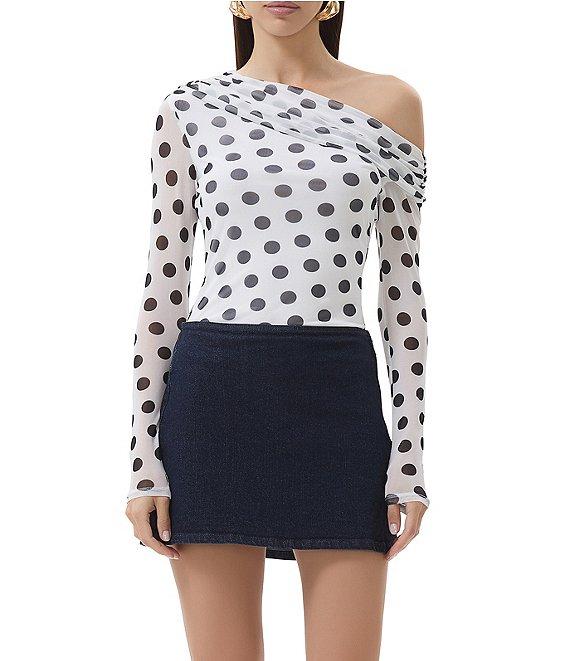 AFRM Barry Dotted Print Mesh Asymmetric Neck Long Sleeve Top Product Image
