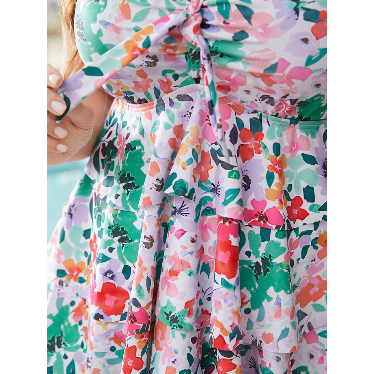 Plus Size Ruched Flutter Tiered A Line Knotted Tankini Top Women's Swimwear LightGreen Vacation Adjustable Straps High stretch Bodycon V-neck Curve Swim Tops BloomChic 10/M Product Image