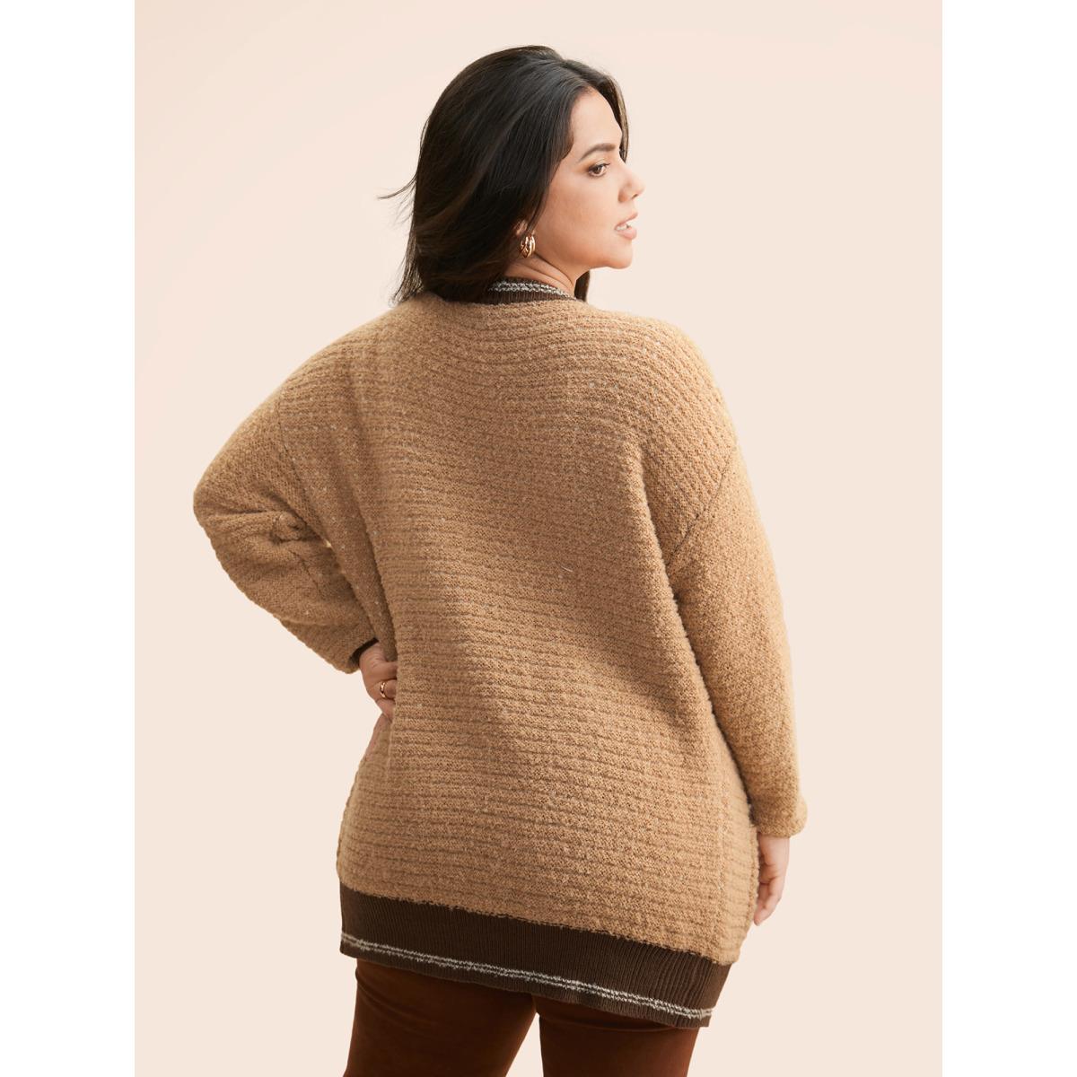 Plus Size Texture Contrast Drop Shoulder Sleeve Cardigan LightBrown Women Leisure Loose Long Sleeve Casual Cardigans BloomChic 12/L Product Image