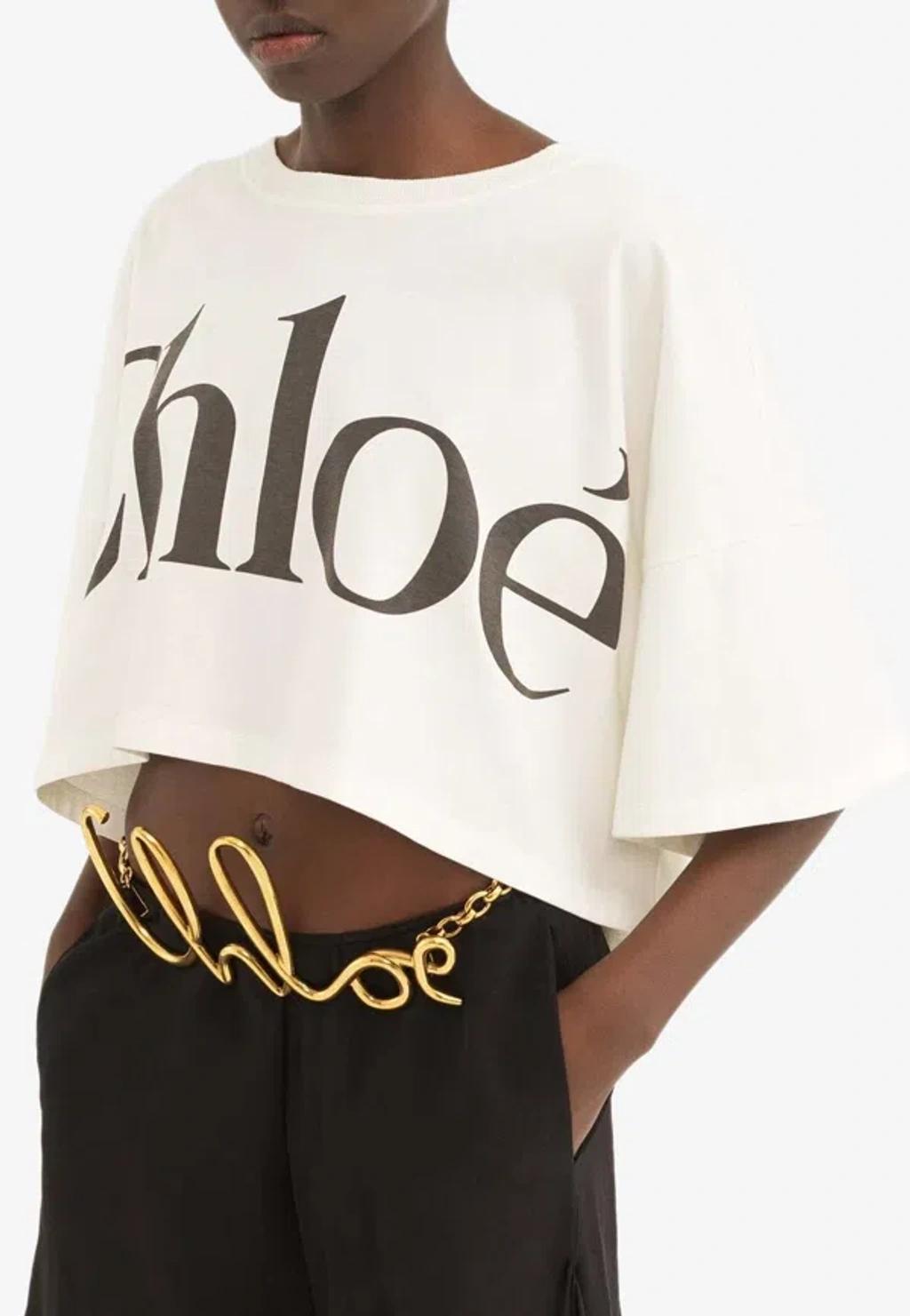 CHLOÉ White Cropped Crewneck T-shirt With Maxi Logo Print On The Front In Cotton Woman In Multicolor Product Image