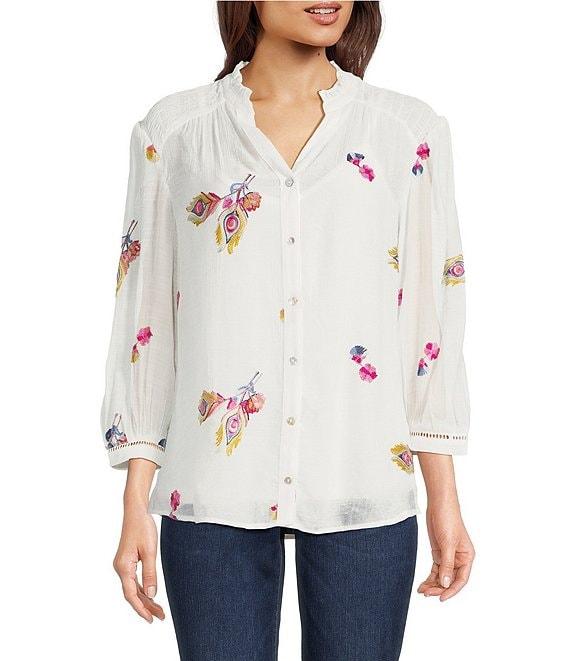 Figueroa & Flower Embroidered Woven Ruffled V-Neck 3/4 Sleeve Button-Front Blouse Product Image