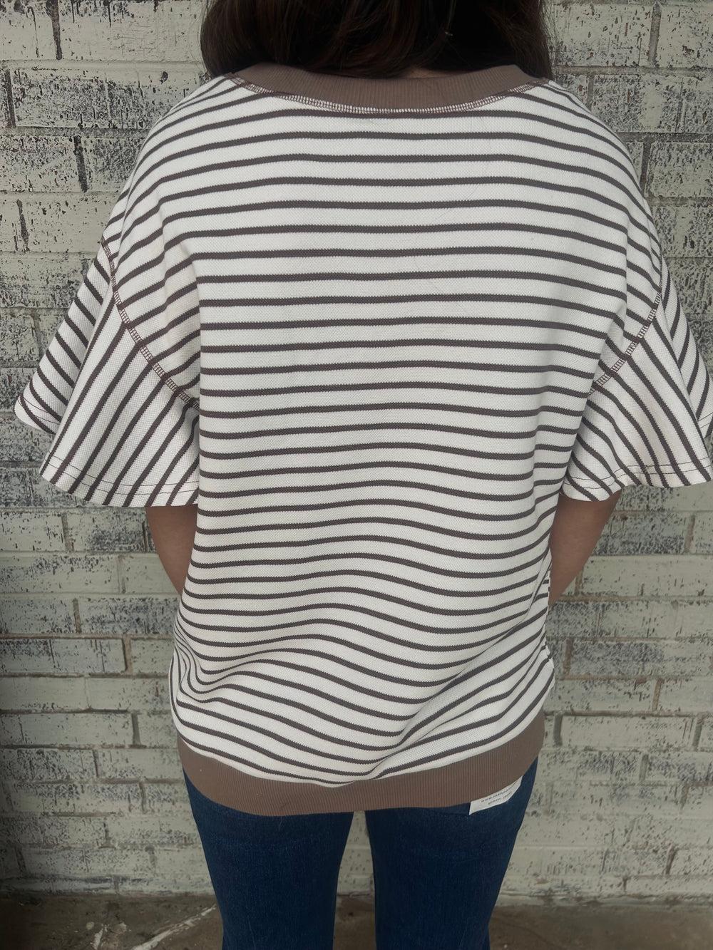 Parchment Contrast Striped Ruffle Short Sleeve Top Product Image