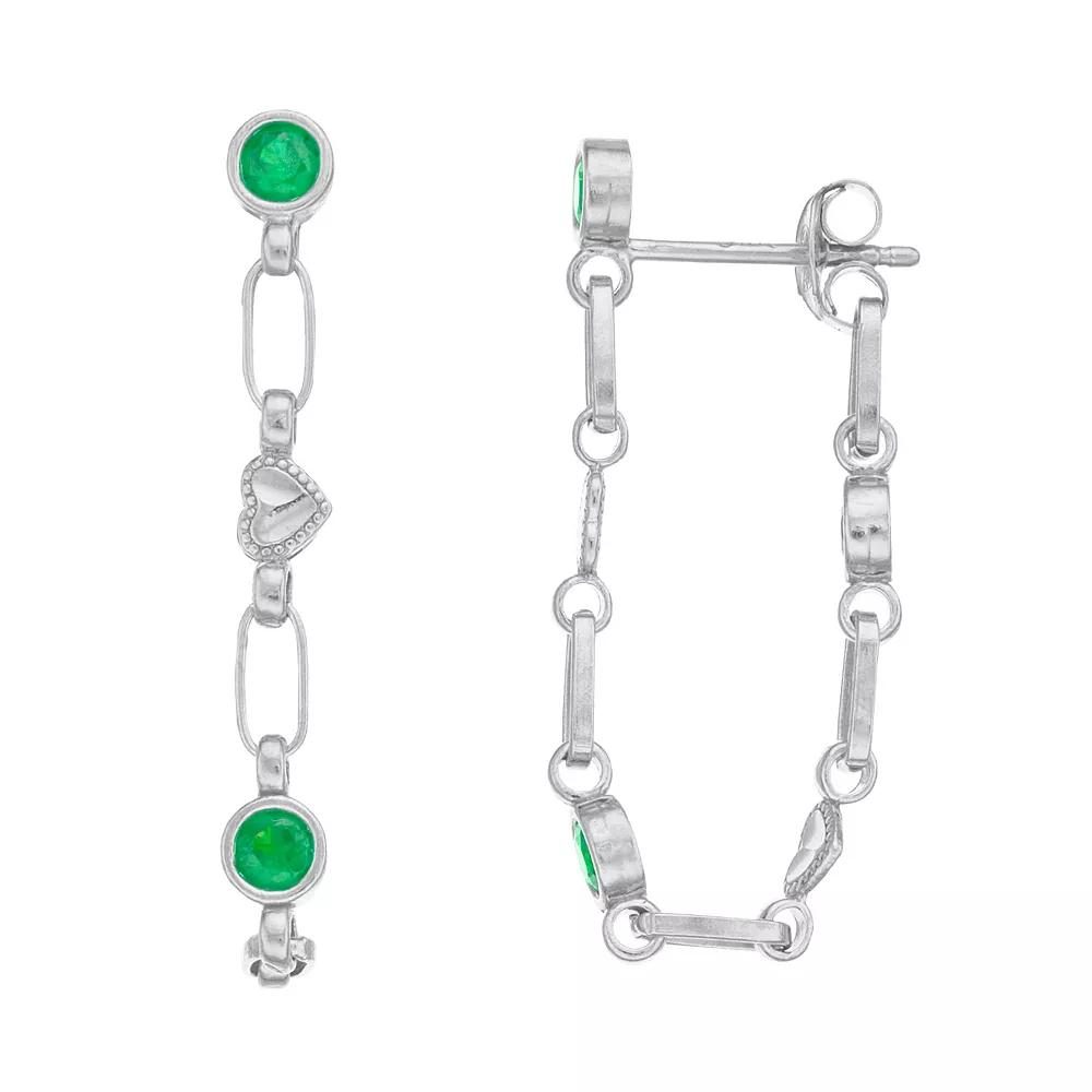 Kristen Kesho Sterling Silver Lab-Created Emerald Front-to-Back Heart Link Chain Hoop Earrings, Women's Product Image