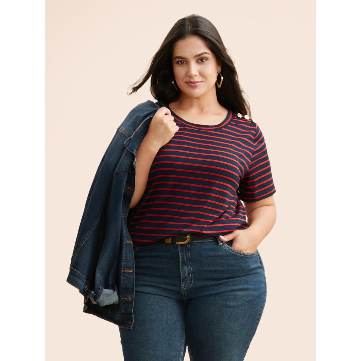 Plus Size Crew Neck Striped Button Detail T-shirt Midnight Women Casual Button Round Neck Everyday T-shirts BloomChic 26/4X Product Image