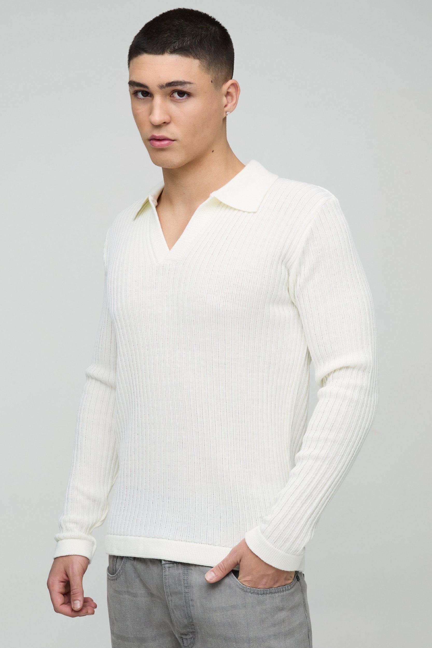 Regular Fit Ribbed V Neck Collar Knitted Polo | boohooMAN USA Product Image