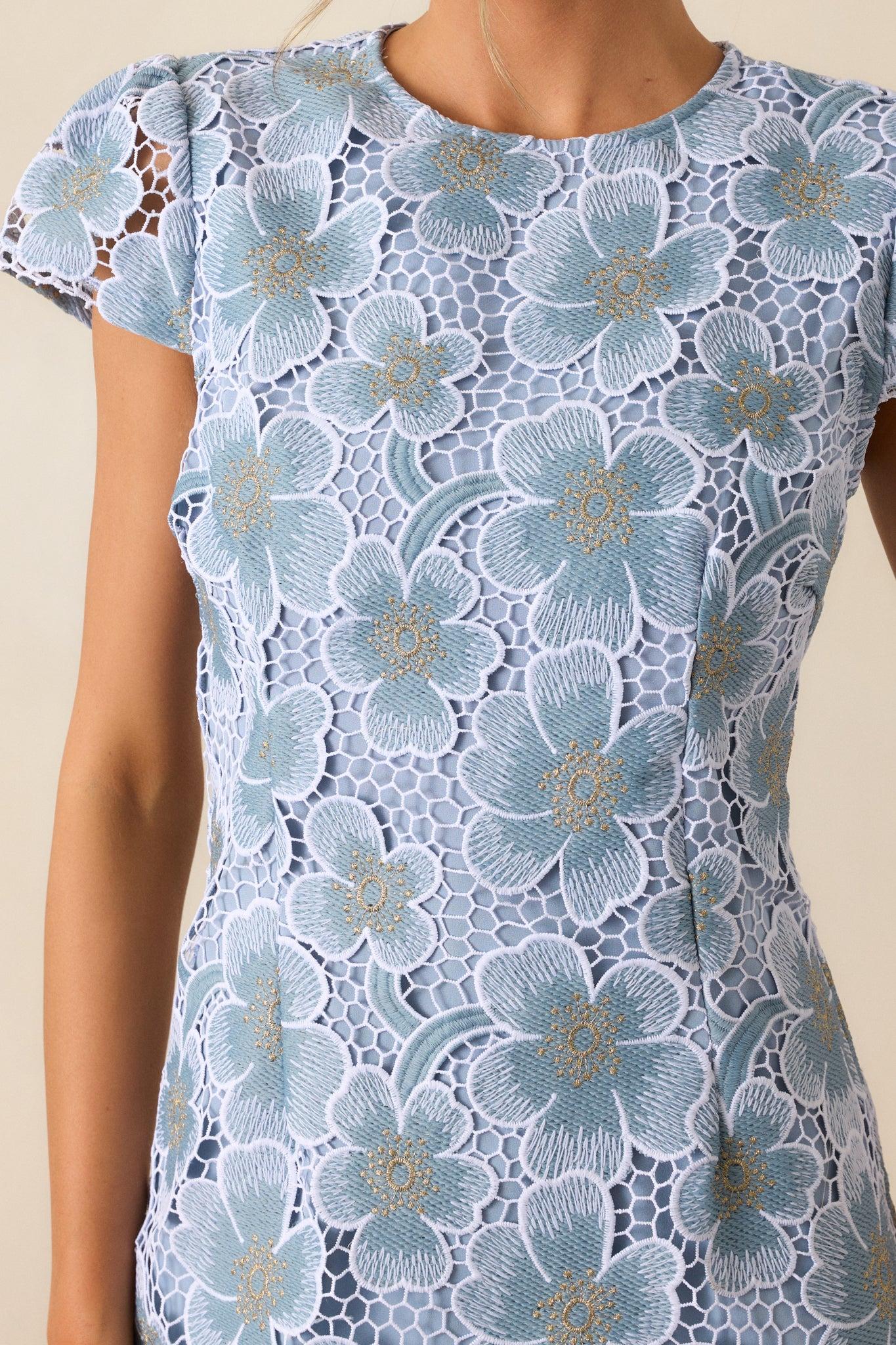 Little Moments Sky Blue Floral Embroidered Mini Dress Product Image