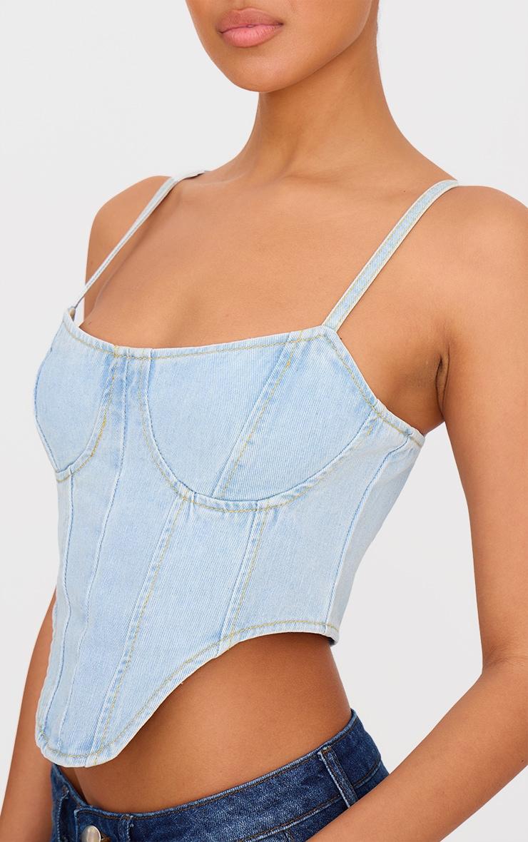 Light Blue Wash Dipped Hem Denim Corset Product Image