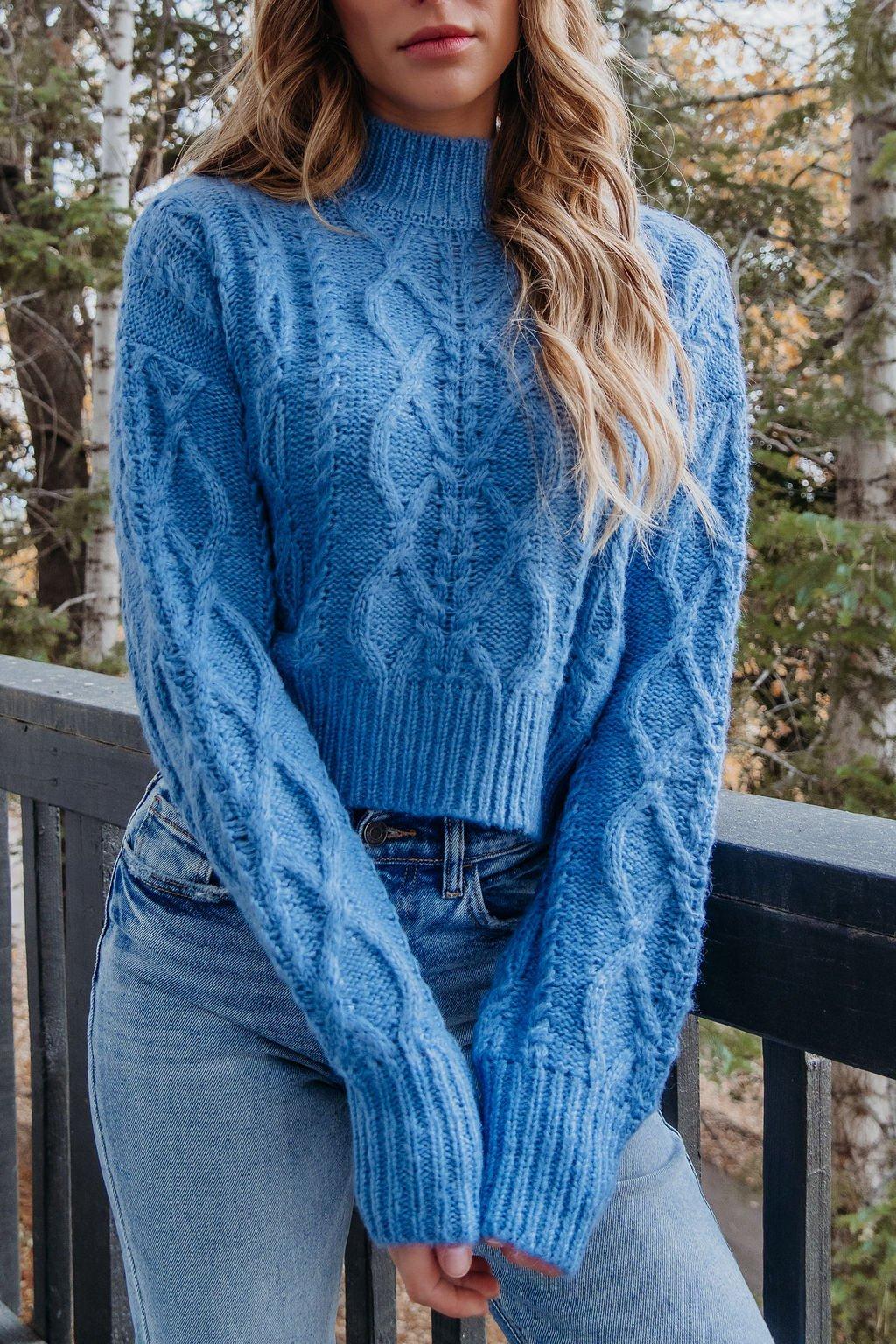 Blue Cable Knit Mock Neck Sweater - FINAL SALE Product Image