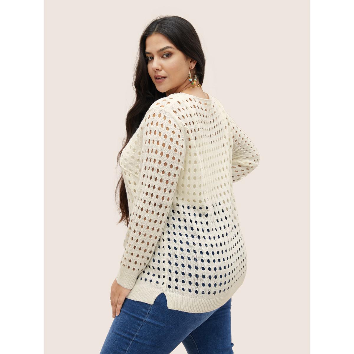 Plus Size Twist Front Pointelle Knit Split Hem Pullover Ivory Women Casual Long Sleeve Deep V-neck Everyday Pullovers BloomChic 30/6X Product Image