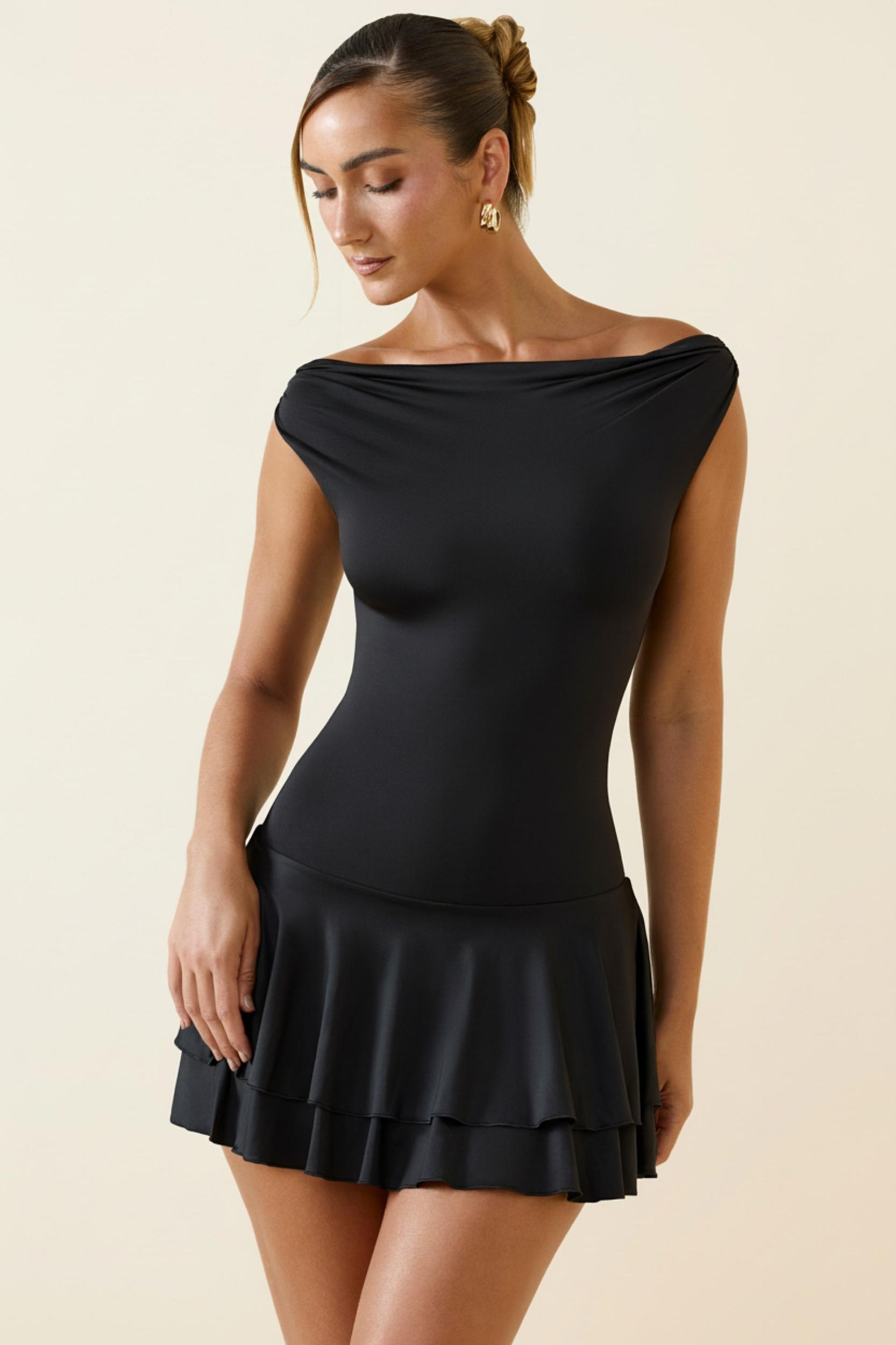 Off-Shoulder Ruffled Mini Dress in Black Product Image
