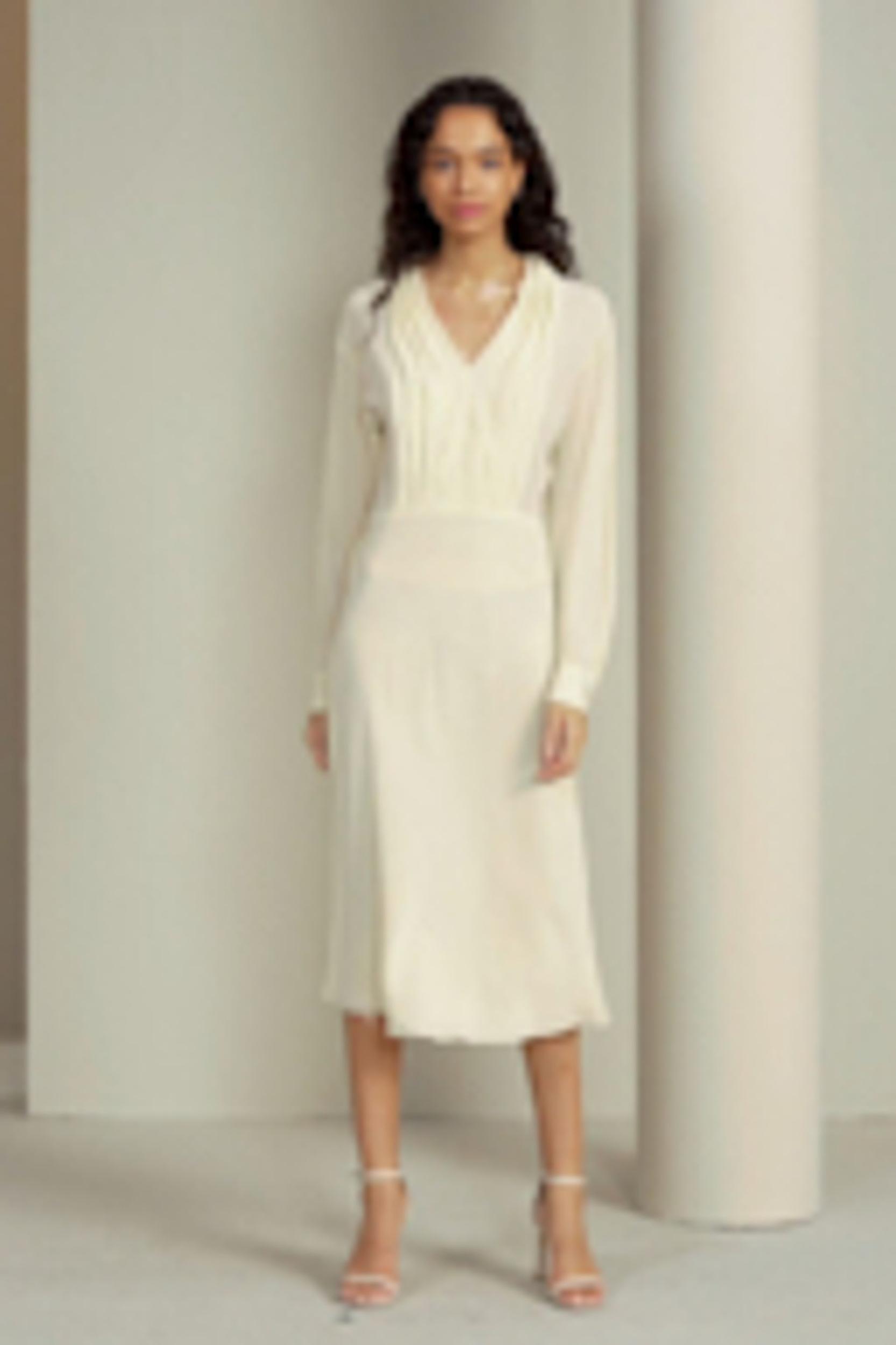 LILYSILK Women's Minimalist Silk Crepe de Chine V-Neck Midi Dress Lily White, Size 14 Product Image