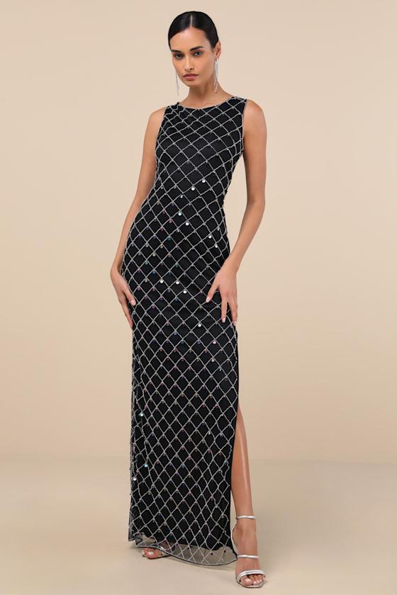 Gallio Black Beaded Sequin Sleeveless Column Maxi Dress Product Image