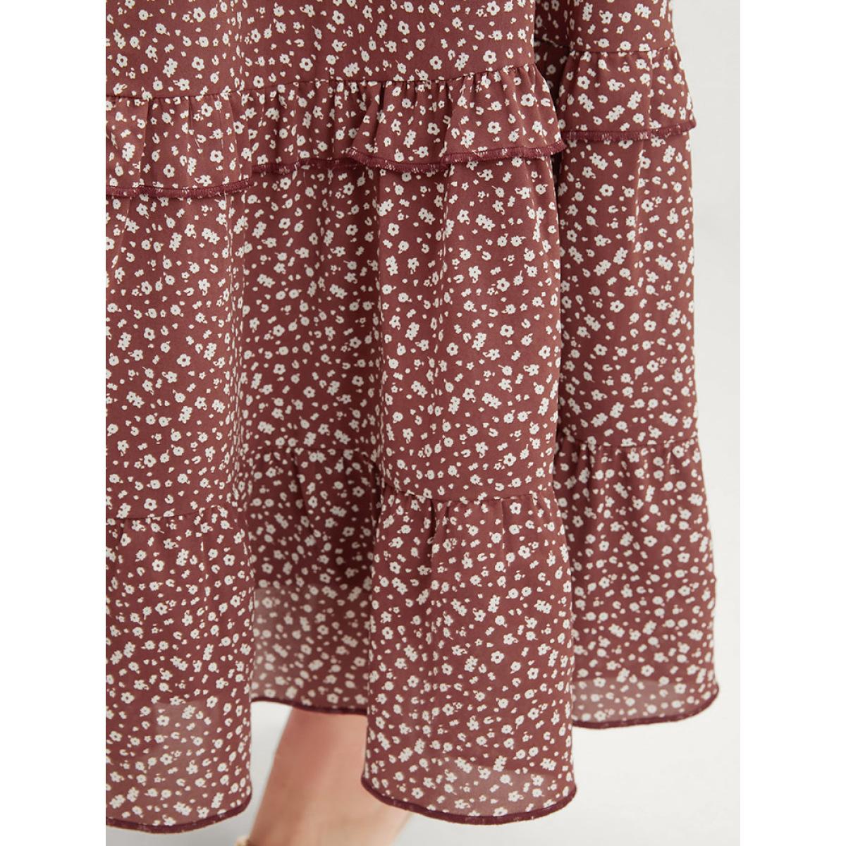 Plus Size Ditsy Floral V Neck Shirred Pocket Ruffle Hem Dress Russet Women Elegant Elastic Waist V-neck Elbow-length sleeve Curvy Midi Dress BloomChic 10/M Product Image