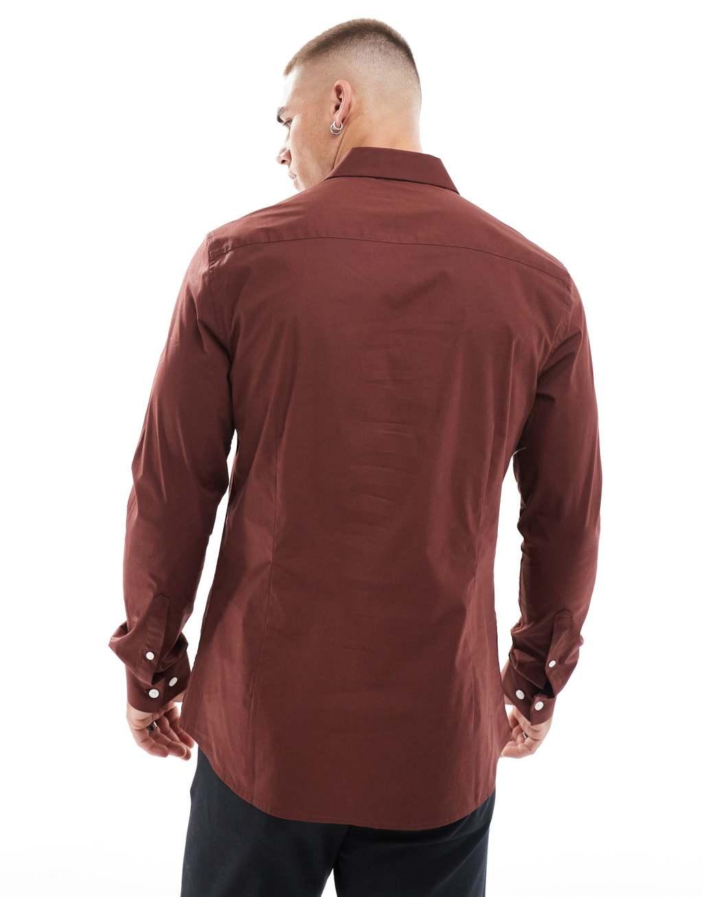 ASOS DESIGN slim poplin shirt in burgundy Product Image