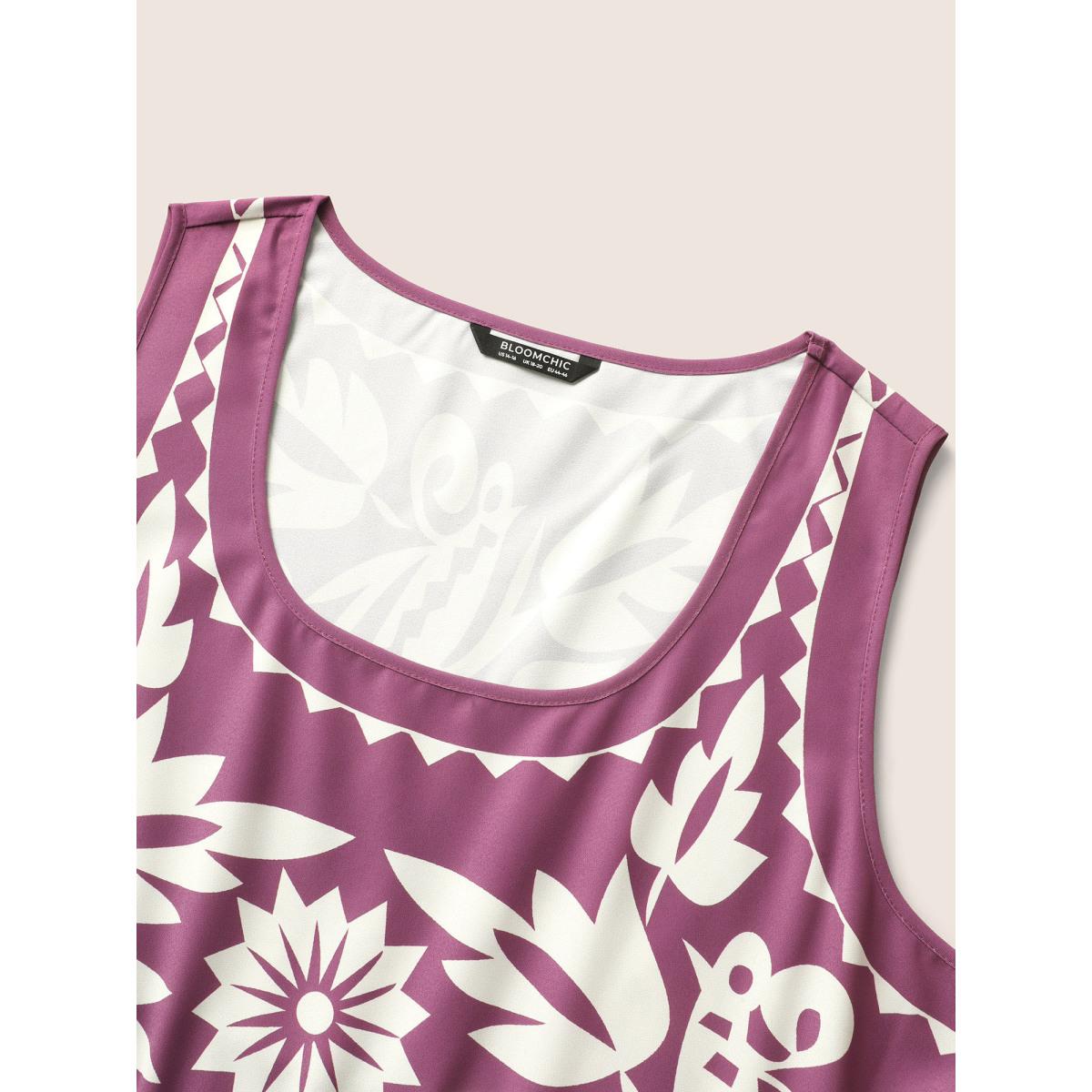 Plus Size Boho Print Square Neck Elastic Waist Tank Dress Purple Women Resort Gathered Round Neck Sleeveless Curvy Midi Dress BloomChic 12/L Product Image