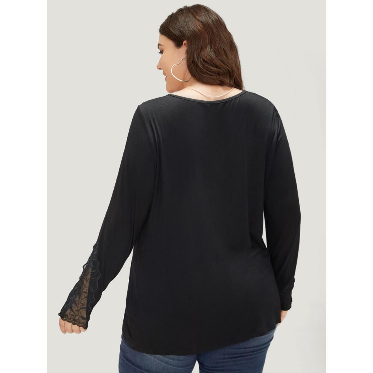 Plus Size Halloween Plain Crochet Lace Mesh T-shirt Black Women Elegant Plain Plain Round Neck Dailywear T-shirts BloomChic 12/L Product Image