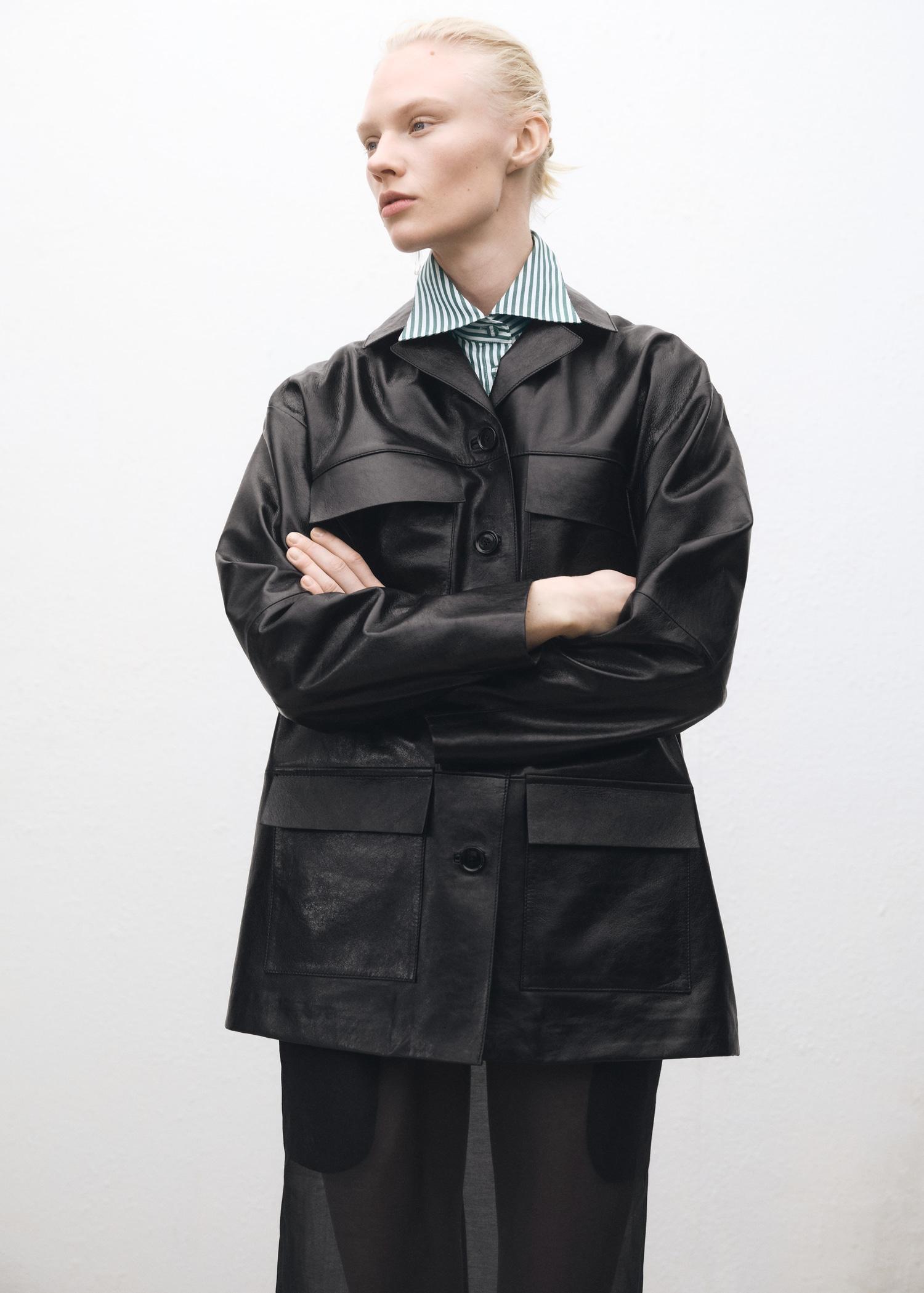 Oversized leather jacket with pockets - Women | MANGO USA Product Image