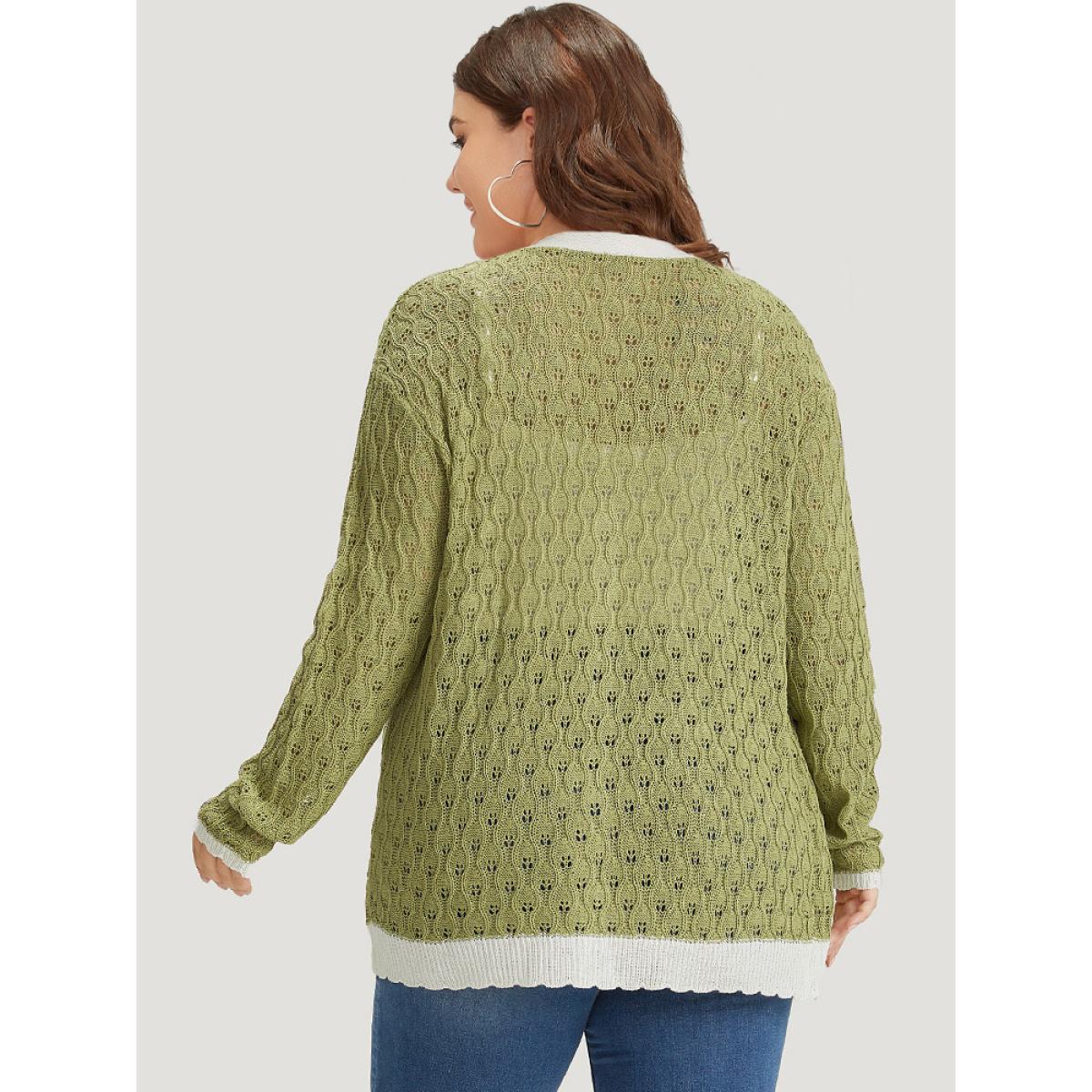 Plus Size Two Tone Patchwork Cut Out Button Down Cardigan Olive Women Casual Loose Long Sleeve Work Cardigans BloomChic 18-20/2X Product Image