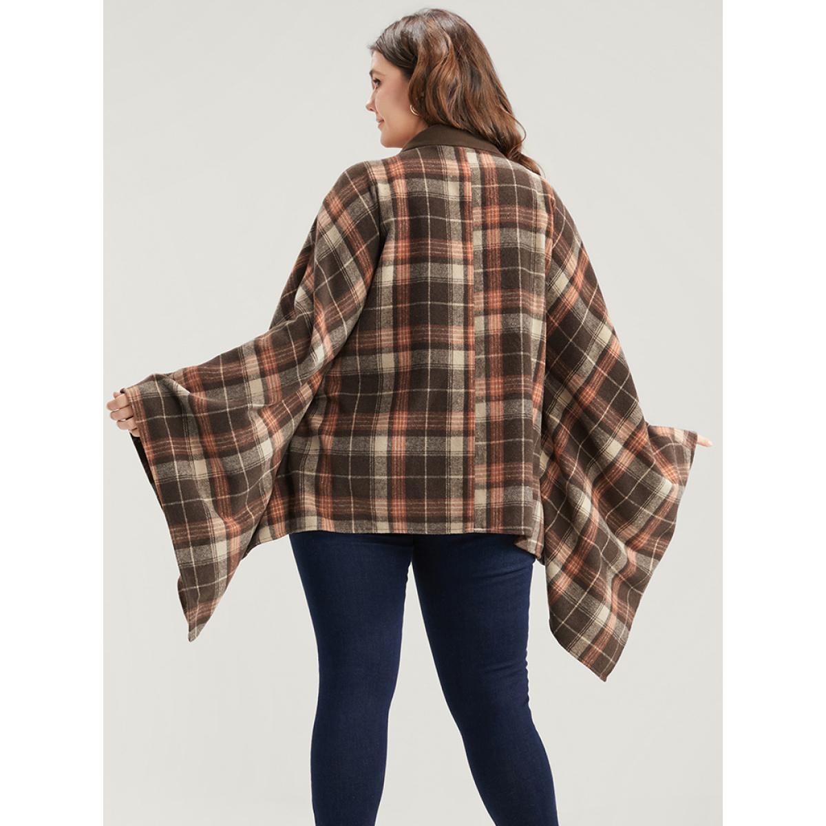 Plus Size Plaid Contrast Suit Collar Dolman Sleeve Belted Coat Women DarkBrown Elegant Belted Loose Ladies Dailywear Winter Coats BloomChic 12/L Product Image