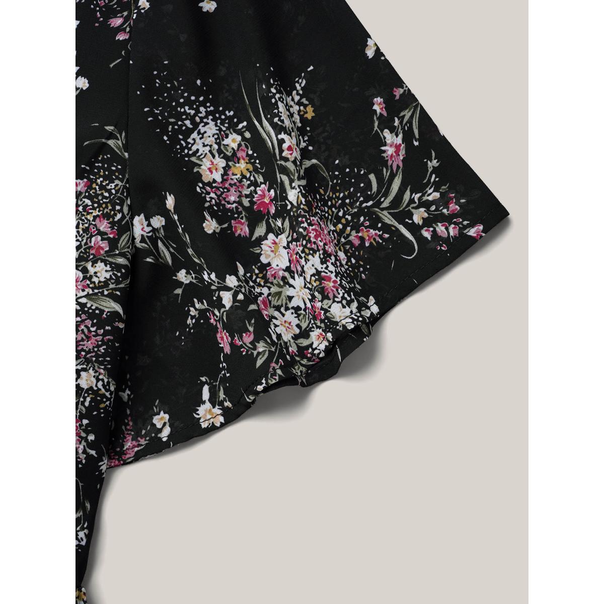 Plus Size Black Floral Print Stretchy-Waist Lined Shirt Women Elegant Short sleeve Round Neck Everyday Blouses BloomChic 12/L Product Image